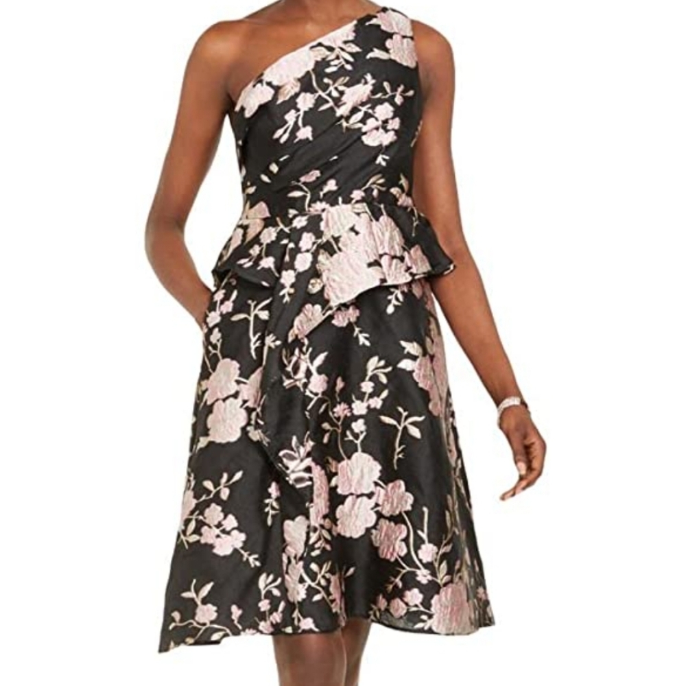 Adrianna Papell black floral one shoulder dress